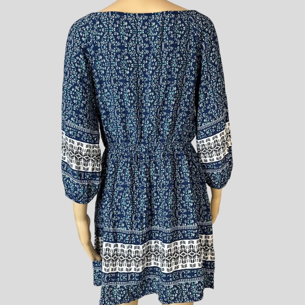 Addie Bohemian Mini Dress Medium Blue Green Floral 3/4 Sleeves Elastic Waist - Picture 3 of 13